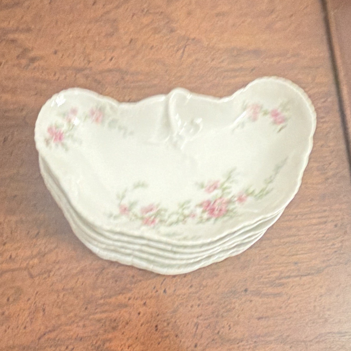Set of 5 Crescent Porcelain Dishes White Pink Green Floral Glossy Printed