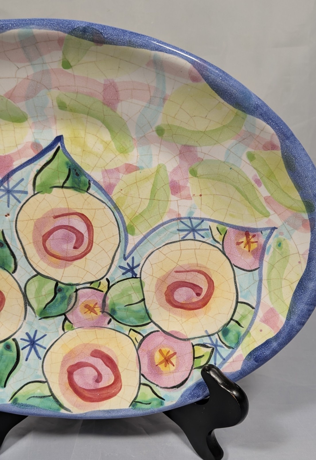 Damariscotta Pottery Platter Floral & Leaf Design Majolica Crackle Glaze 1992
