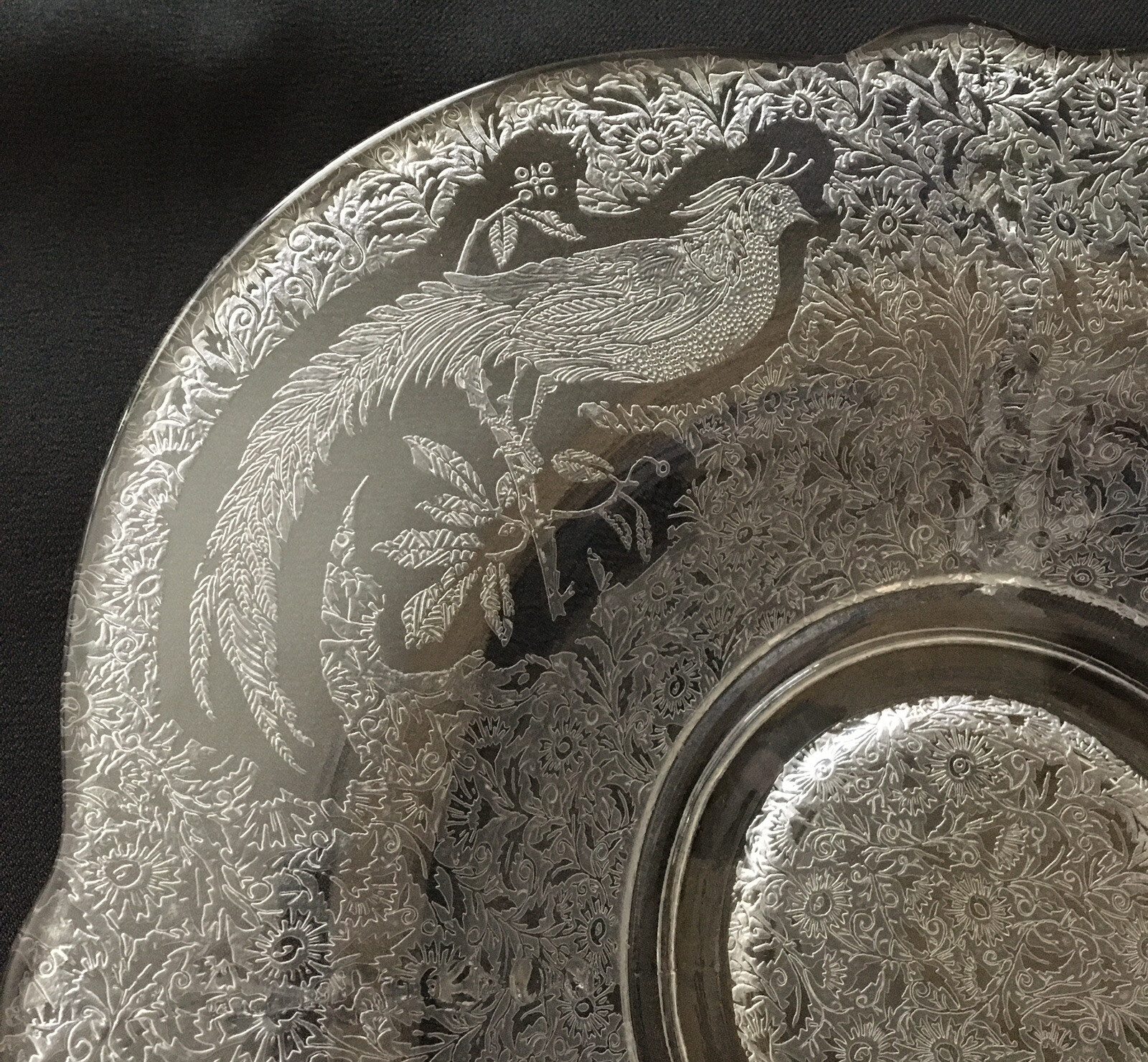 Paden City Glass Sasha Bird Etched Pattern CONSOLE BOWL Clear Vintage 1930s 12”