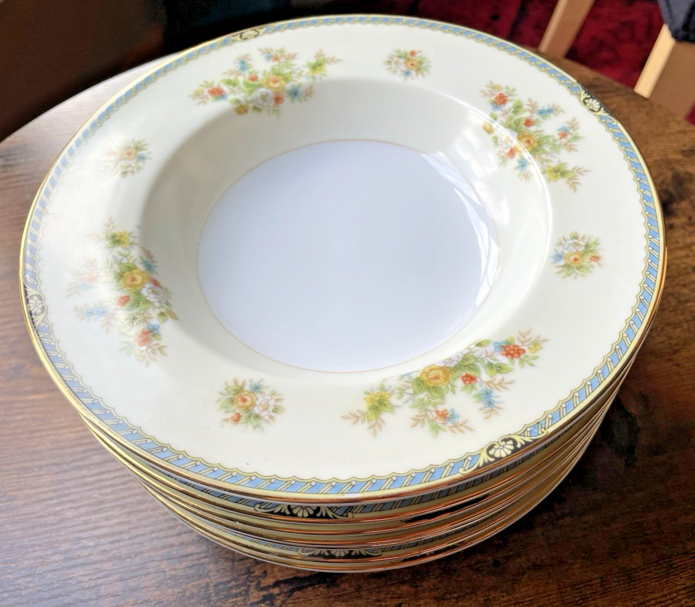 8 Rose China FLORAL Soup Salad Bowl Blue Gold Trim Occupied Japan 8″ Vintage Set