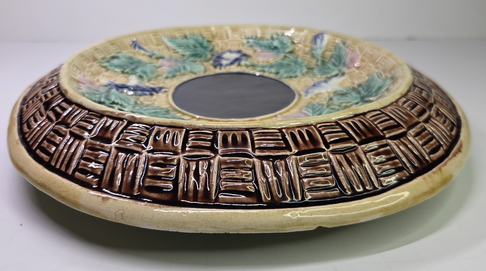 Antique Oval Majolica Basket Weave Footed Platter Floral Bread Bowl Cobalt 12¾”