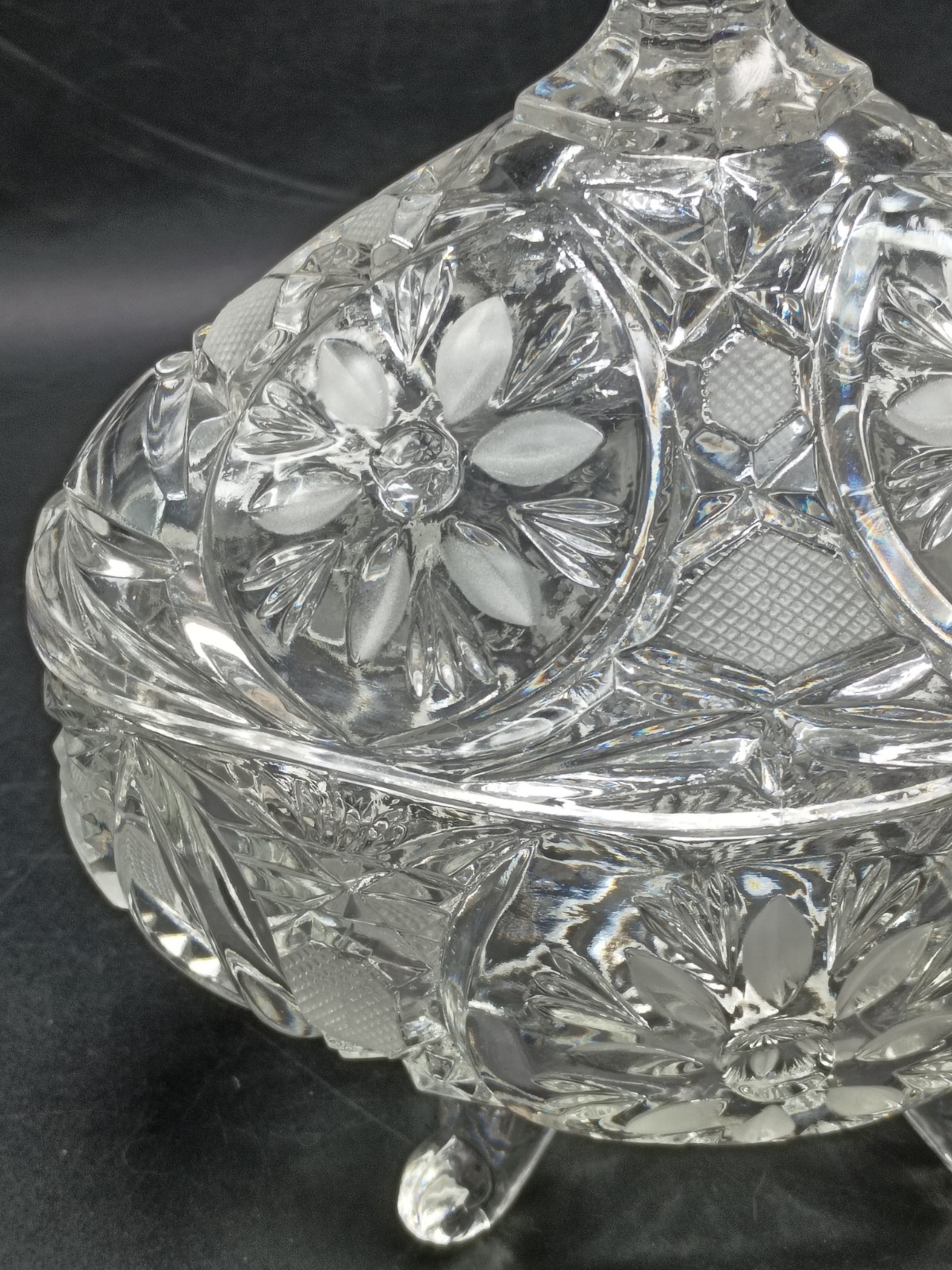 Vintage Large Heavy Etched Crystal Covered Oval Candy Dish Floral