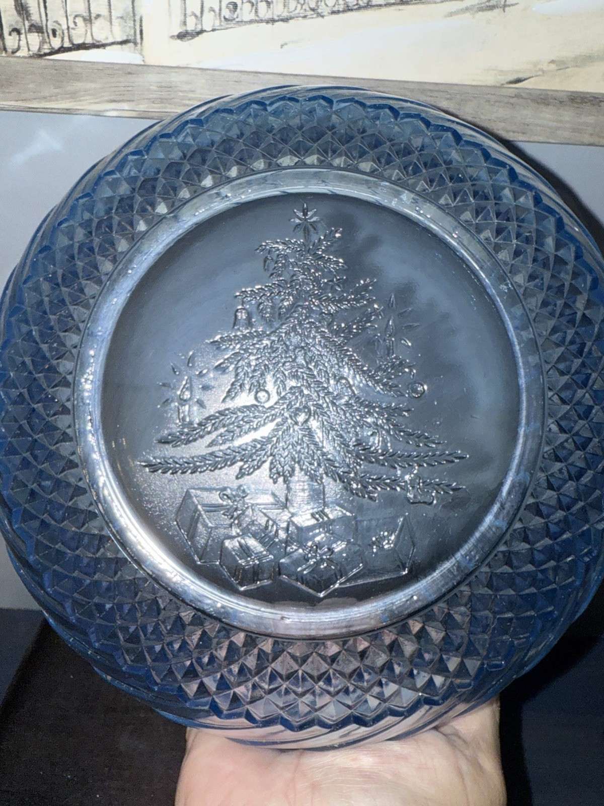 Vtg KIG Blue Glass Salad/Fruit Bowl w/Christmas Tree Design-9.5”-EUC