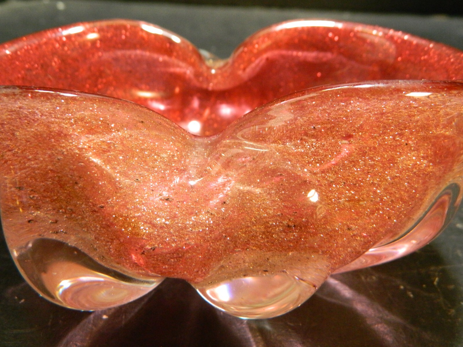 Murano Hand Blown Cranberry Art Glass Pinched Sides Bowl w/ Gold Dust 5.5″ Excel