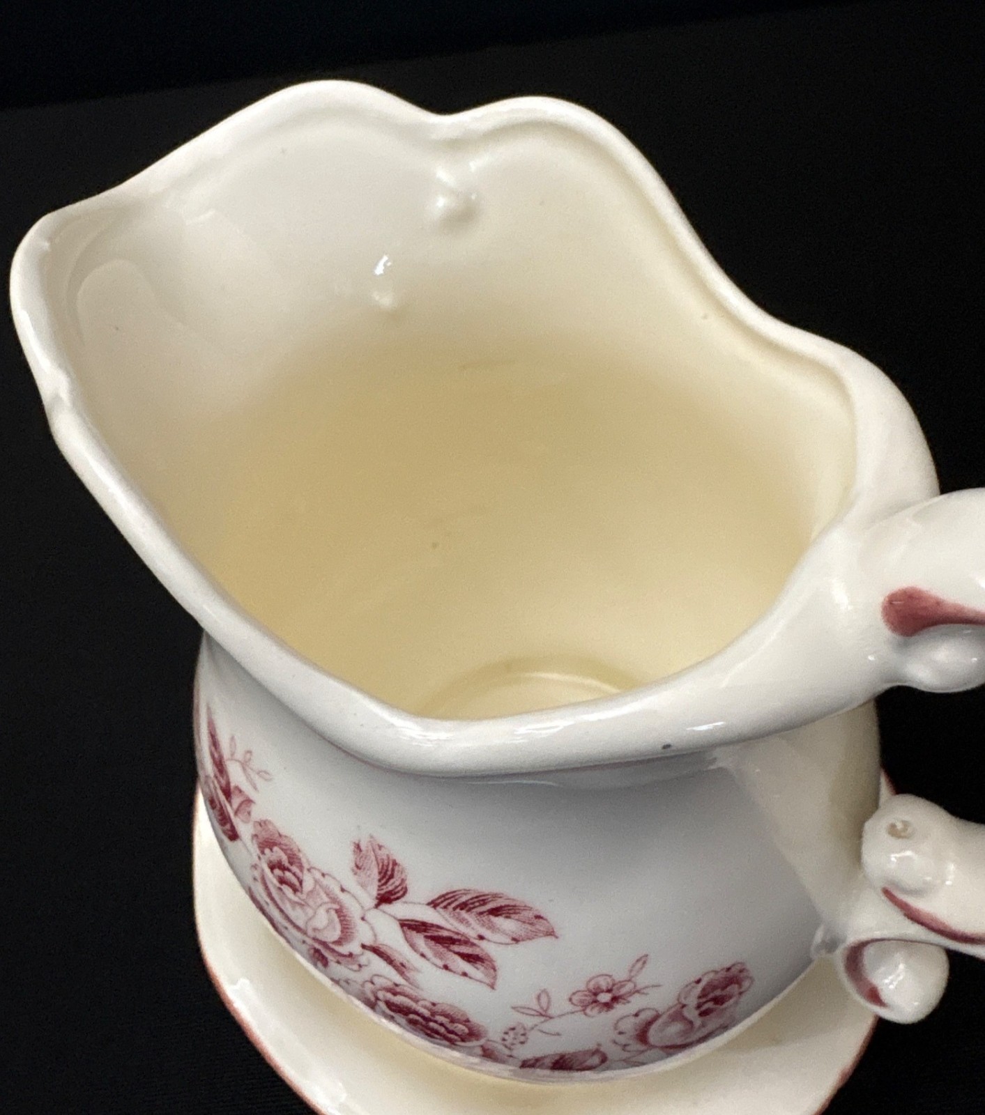 White Japanese Ceramic Pitcher Pink Floral Design Matching Saucer Plate Creamer