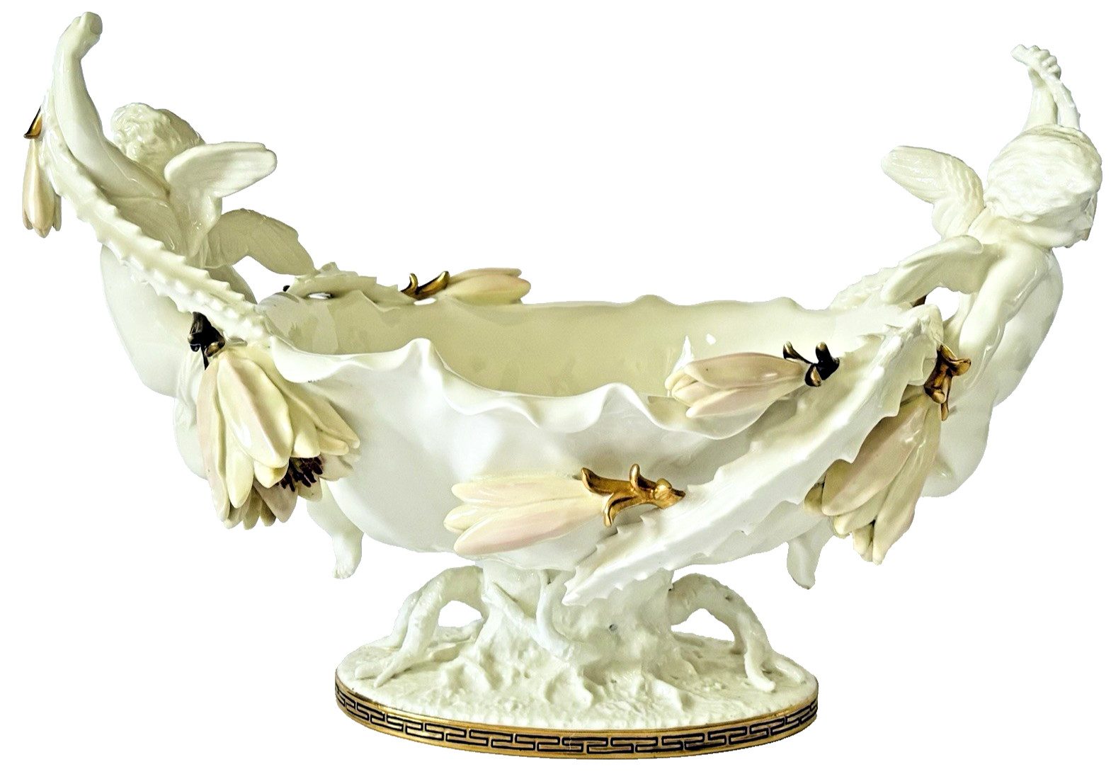 Antique Moore Bros. English Porcelain Cactus Flower Double Cherub Centerpiece