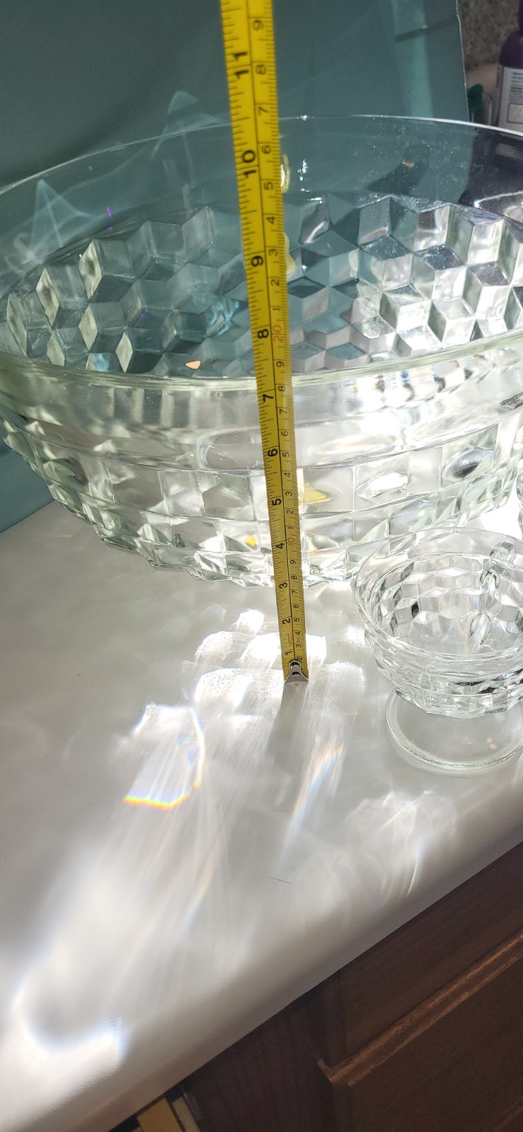 13″ Punch Bowl Clear Cube Glass Whitehall W/8 Punch Cups