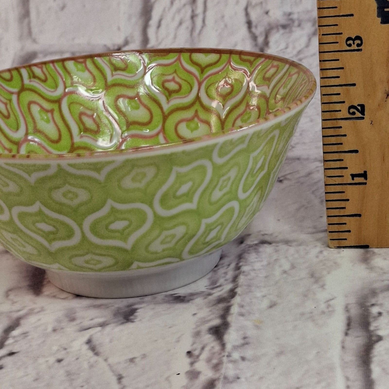 Vintage Yokohama Studio Bowls Green & White Geometric Pattern 5.5″ Made In Japan