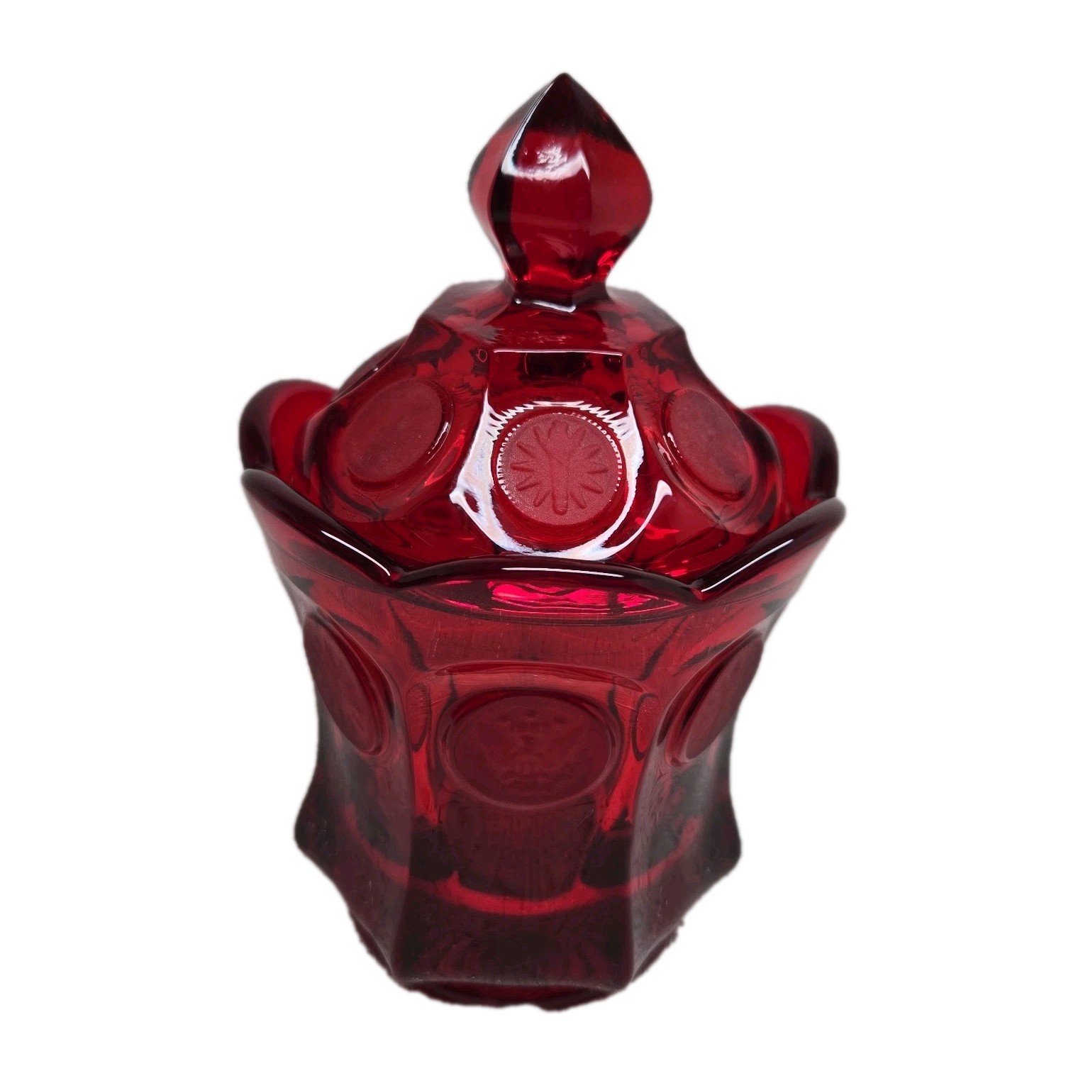 Vintage FOSTORIA Bicentennial Ruby Red Coin Glass Lidded Candy Dish 6.5 in EUC