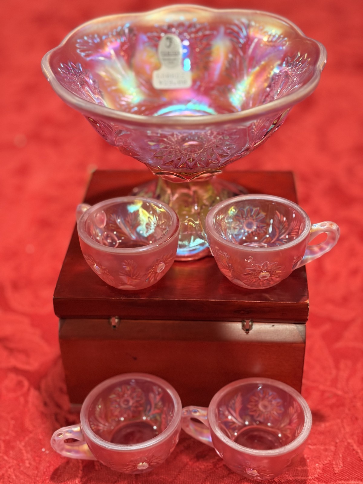 RARE Vtg Fenton Dusty Rose Pink Carnival Glass Miniature Punch Bowl Set/4 Cups