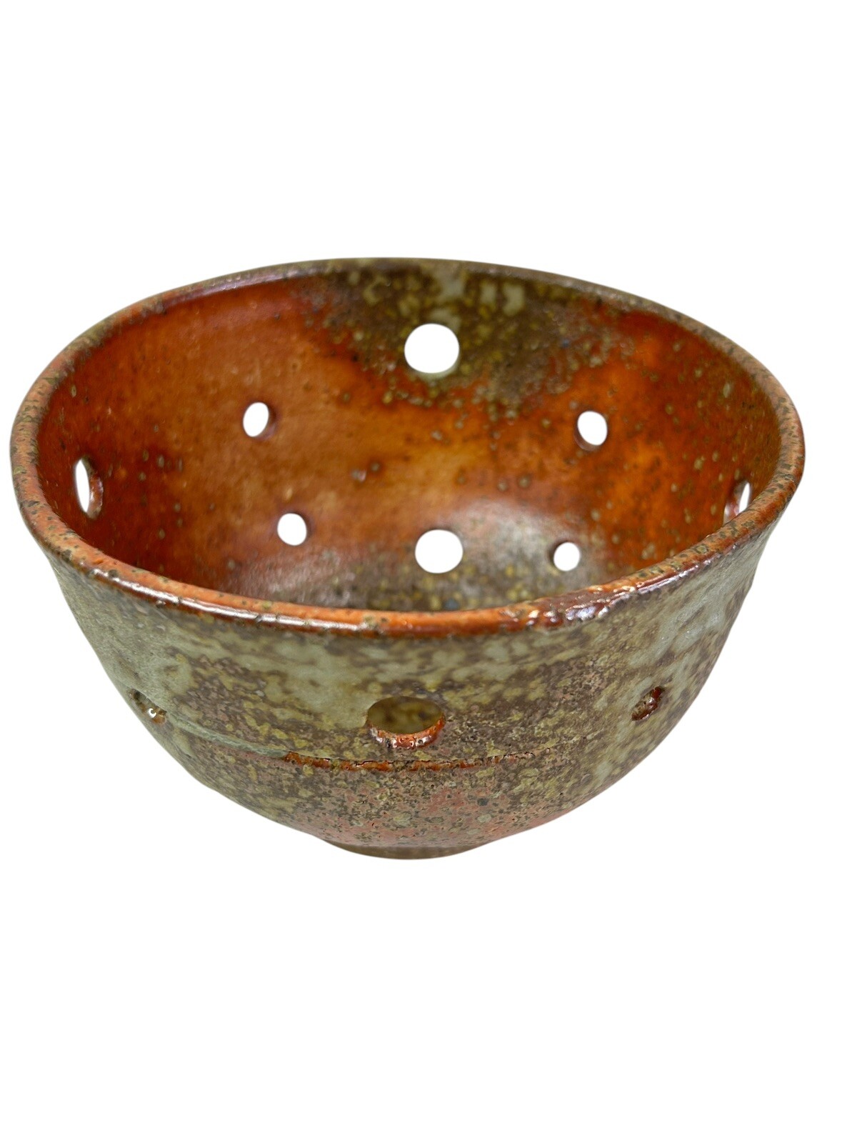 Studio Art Pottery Colander Strainer Fruit Bowl Brown Hand Made Signed NA