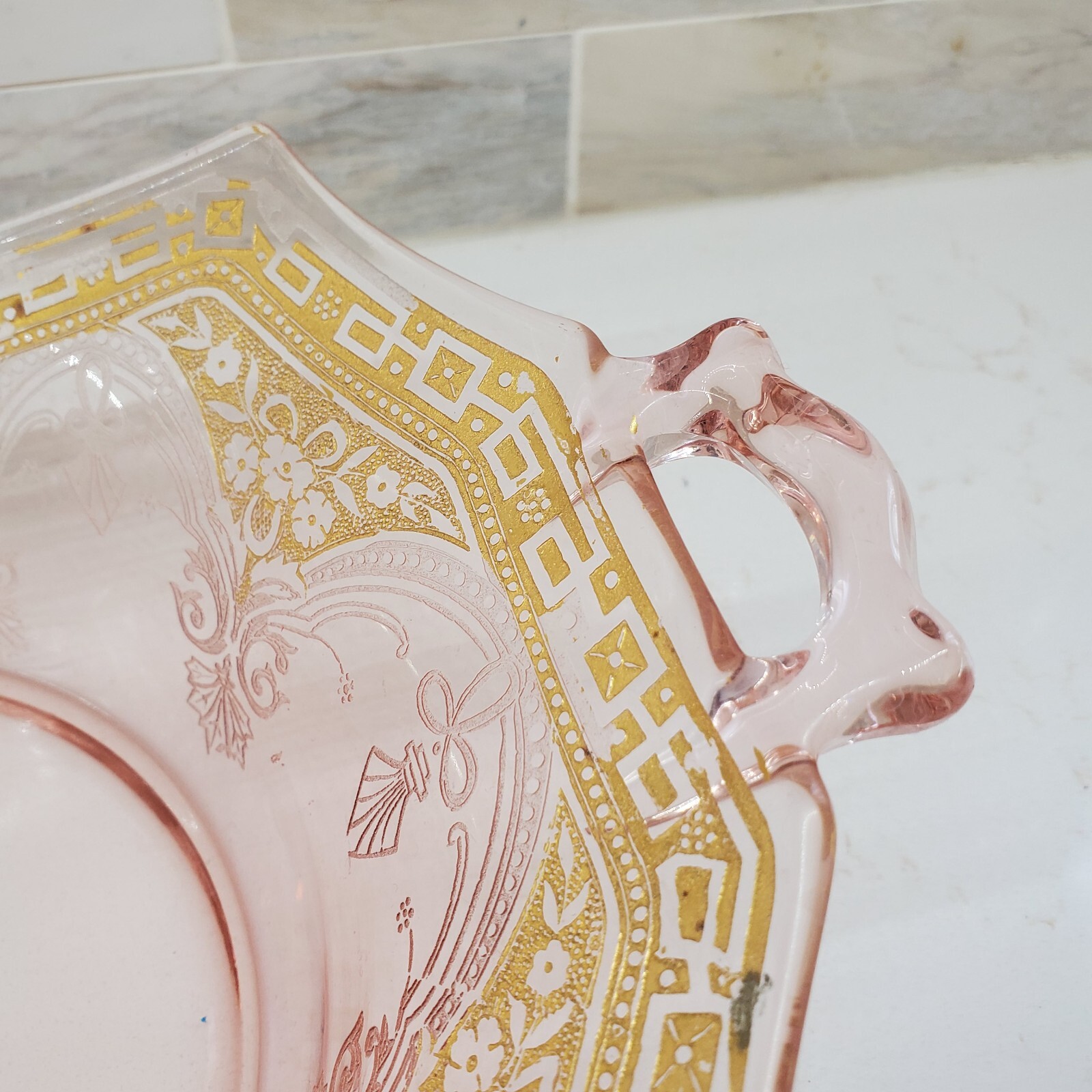 Elegant Pink Depression or Elegant Glass Hexagon Handled Etched Gilded Bowl
