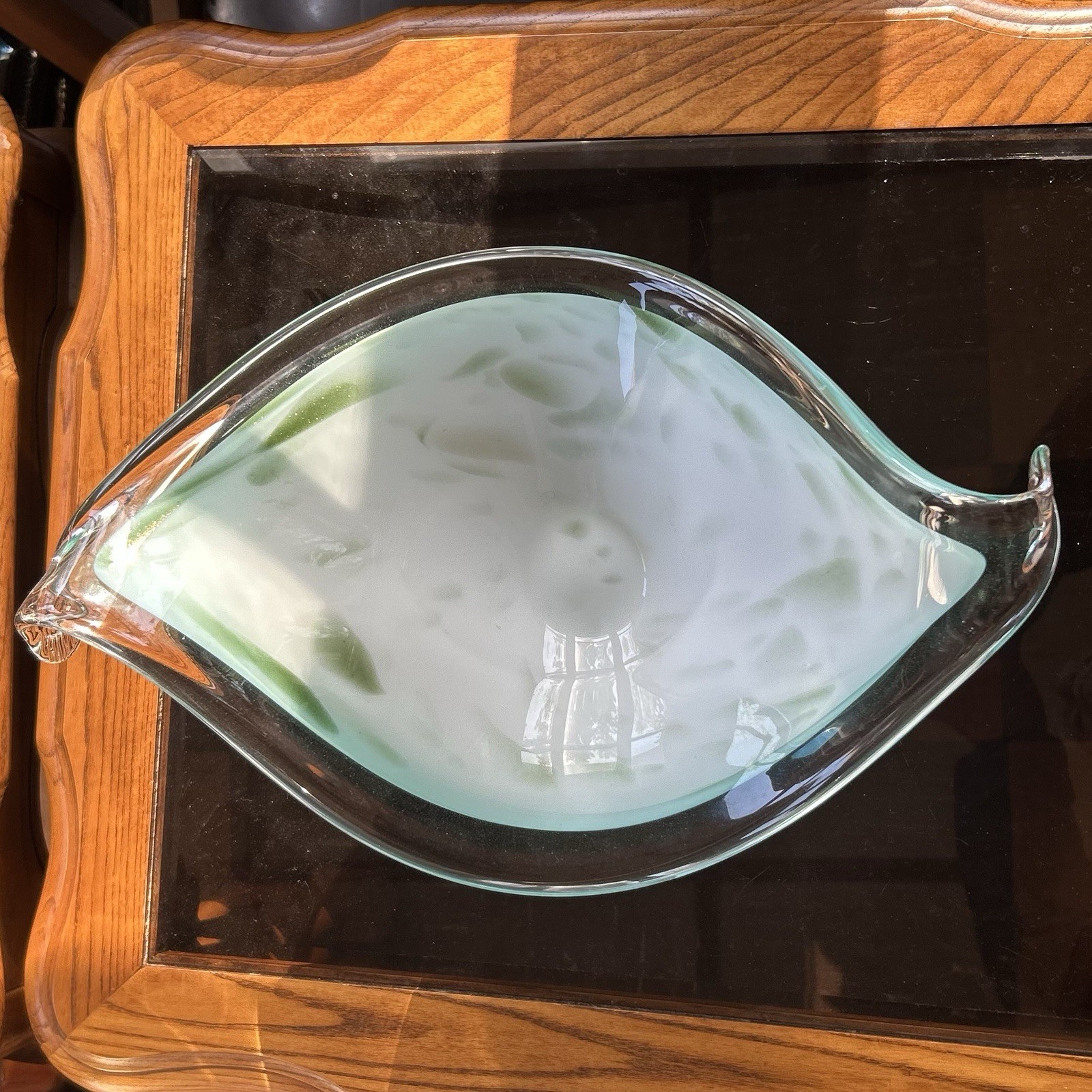 Murano Sommerso Art Glass Pedestal Bowl Blue White Green Swirl 10 in x 8 in