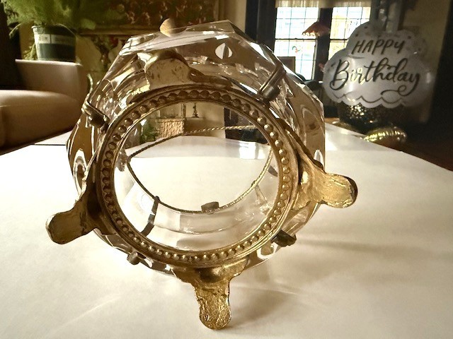 Rare Handled French Octagon Beveled Lead Crystal Gilt Bronze Bowl Griffin Feet