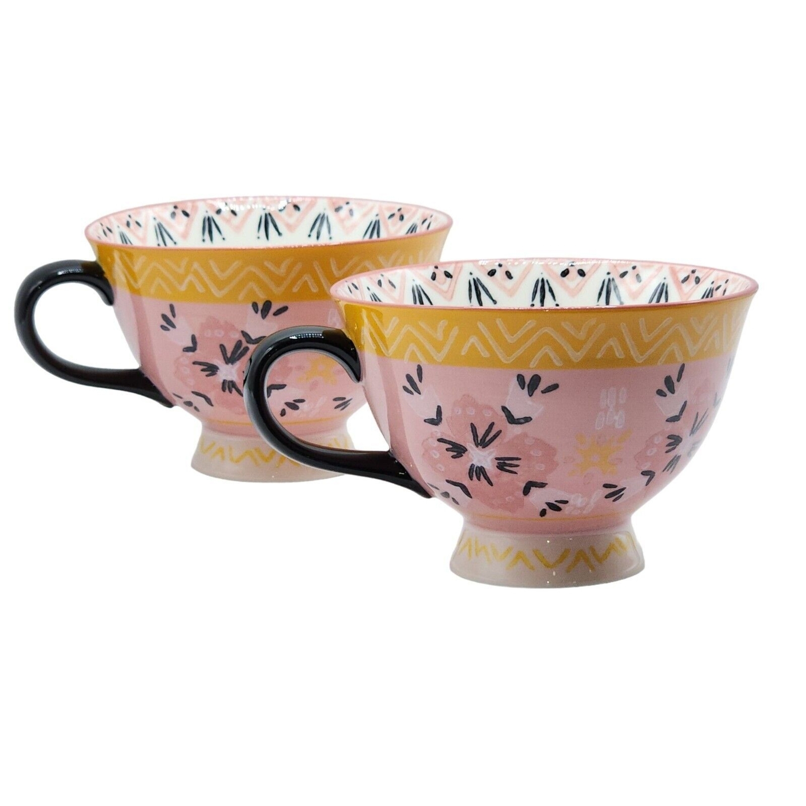 Bloom Pottery Set of 2 Pedestal Ceramic Tea Cups Coffee Mug Hand-Painted Floral