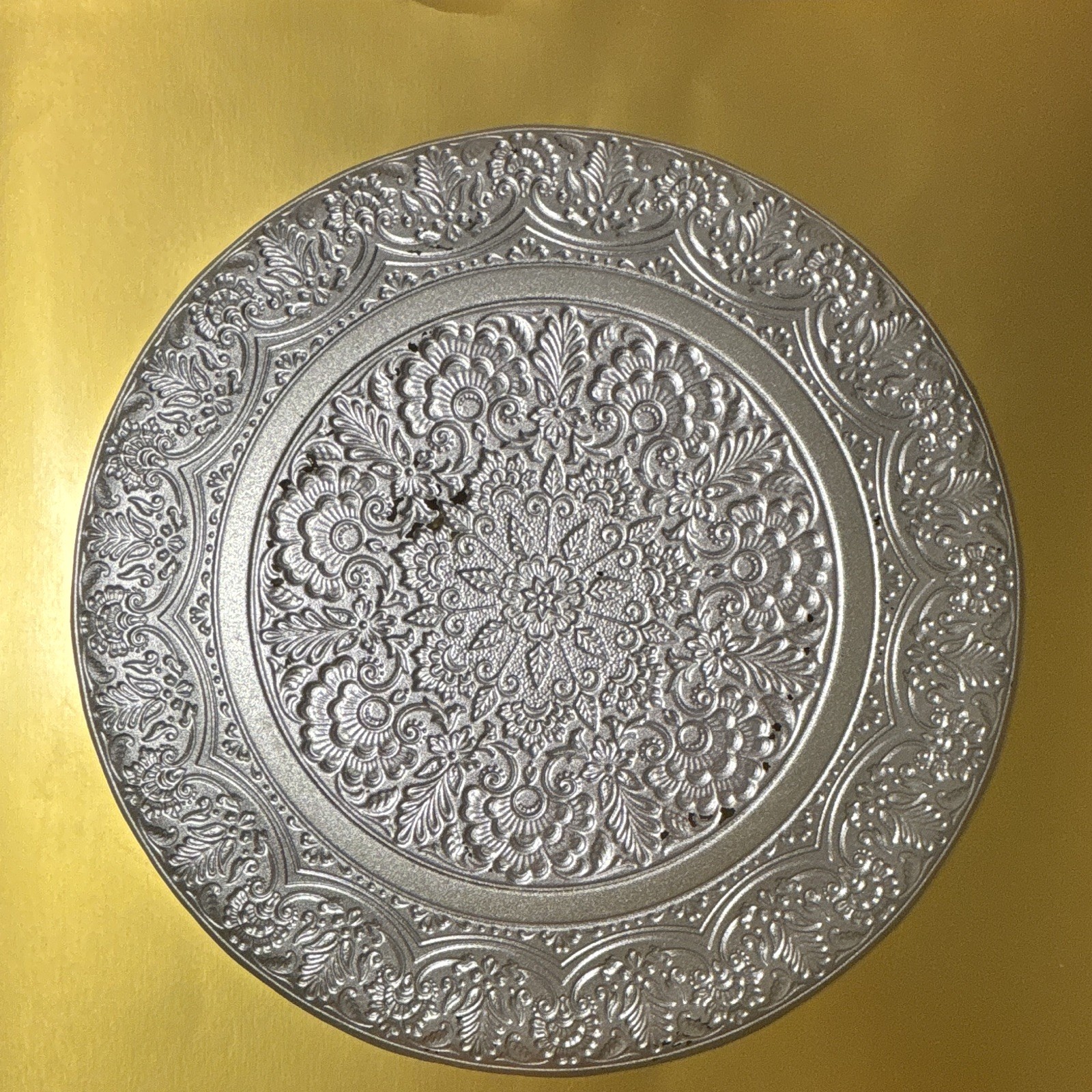 Unmarked Round Metal Decorative Plate, Embossed Floral, Silver Blue Purple