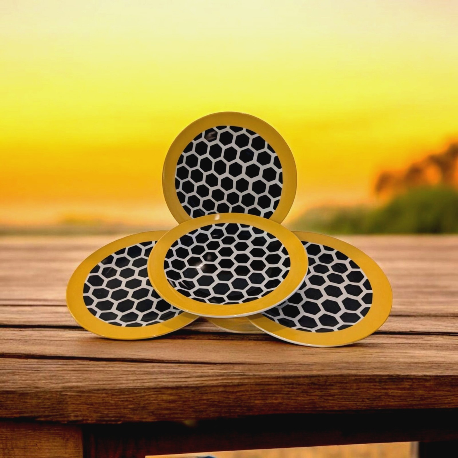 Bee-Themed Hexagon Pattern Side Plates Set Of 4 With Yellow Rim
