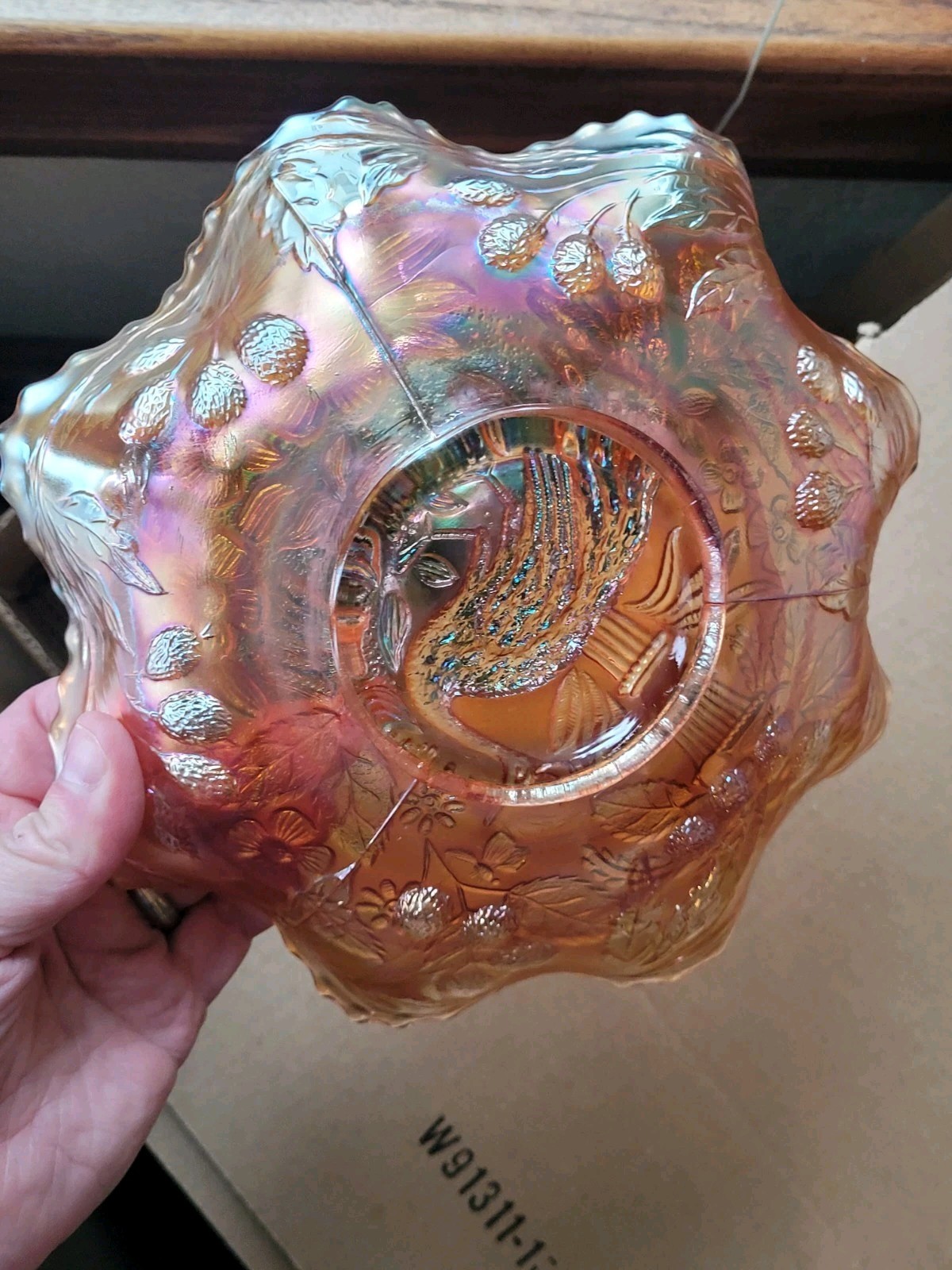 Pretty Dark Marigold Fenton Carnival Glass Peacock & Urn Pattern Bowl