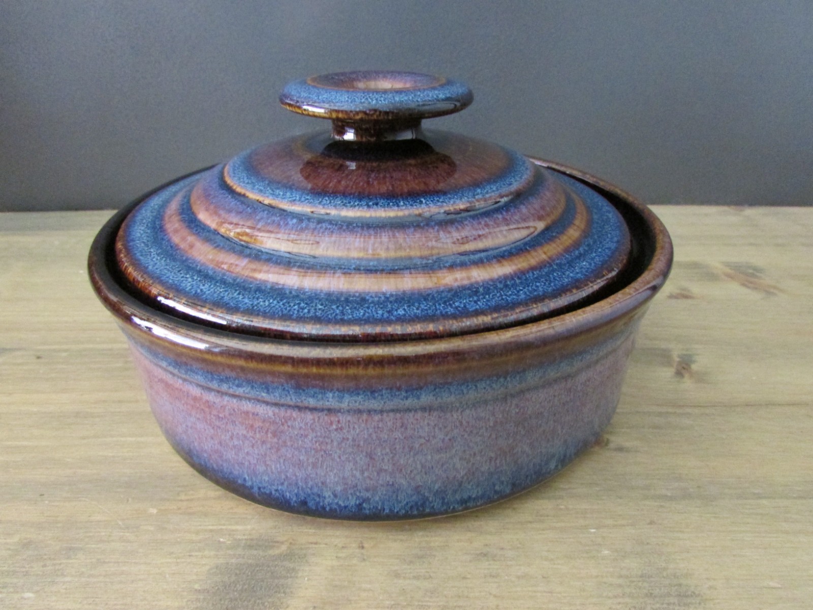Handmade Studio Pottery Covered Serving Dish Blue Glaze 8″ Dia. Stoneware