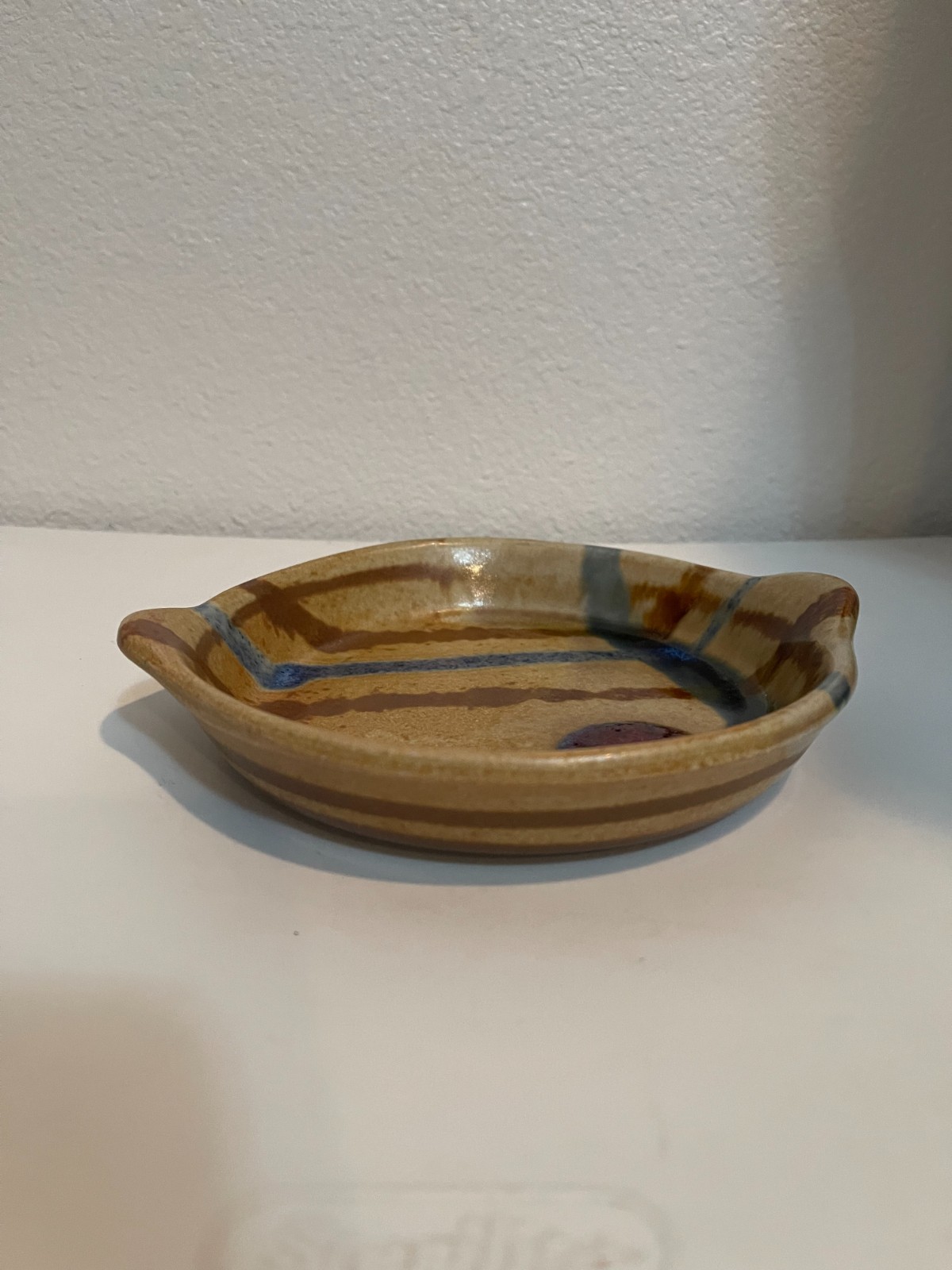 Vintage SIGNED WALT GLASS Studio Pottery Double HANDLED Dish Bowl- 6.5in x 7.2in