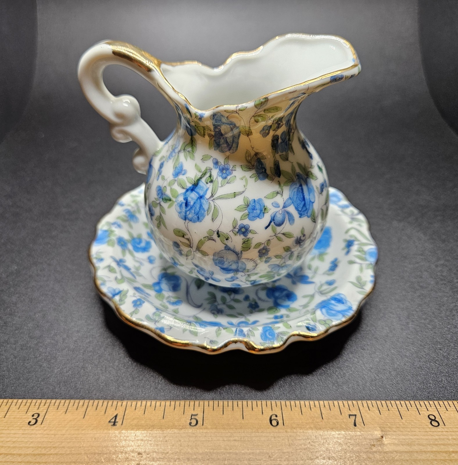Vintage Royal Chintz Arnart 5th Ave Blue Roses Pitcher Creamer and Saucer #217