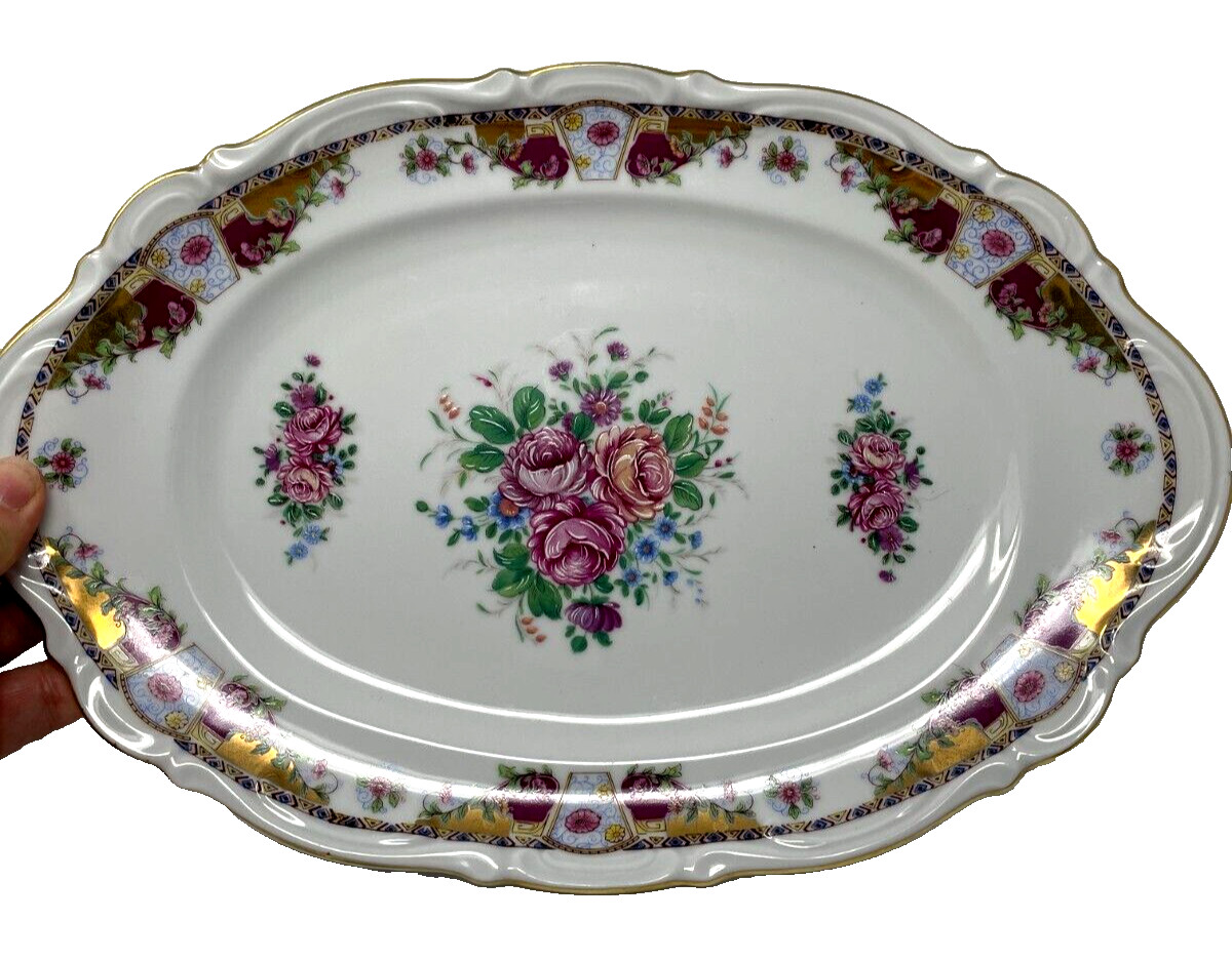 Vintage V Limoges France Decor A La Main Floral Oval Platter 13.5 Gold Trim