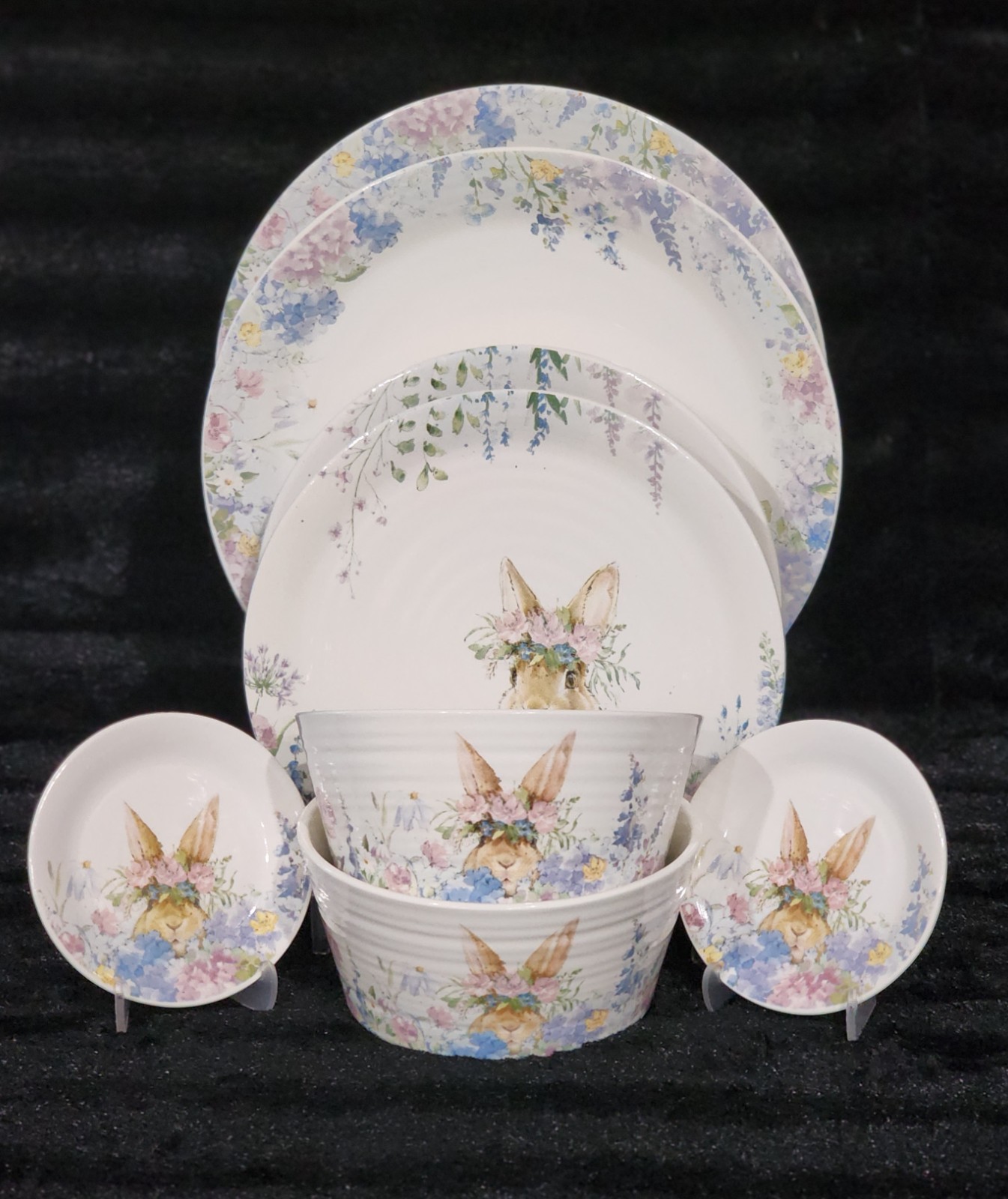 4 Watercolor Peeking Bunny & Flowers Cereal Bowls 6″ Ceramic Easter Flower Crown