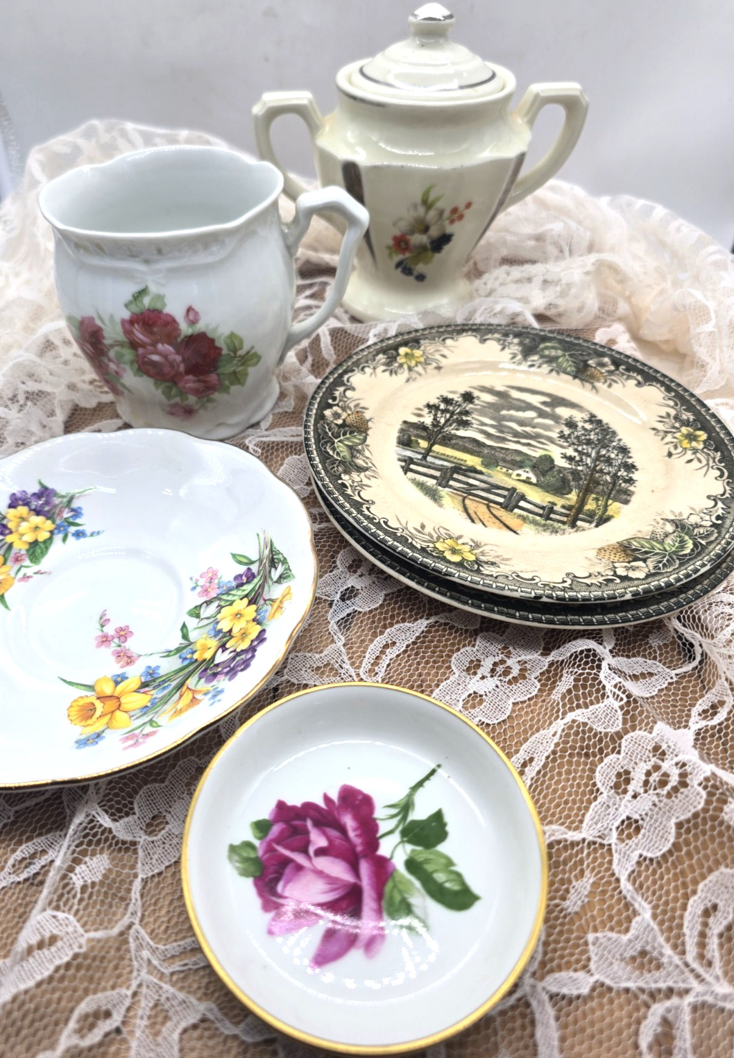 Lot antique & vintage FLoral China plate Creamer saucer trinket pitcher sugar