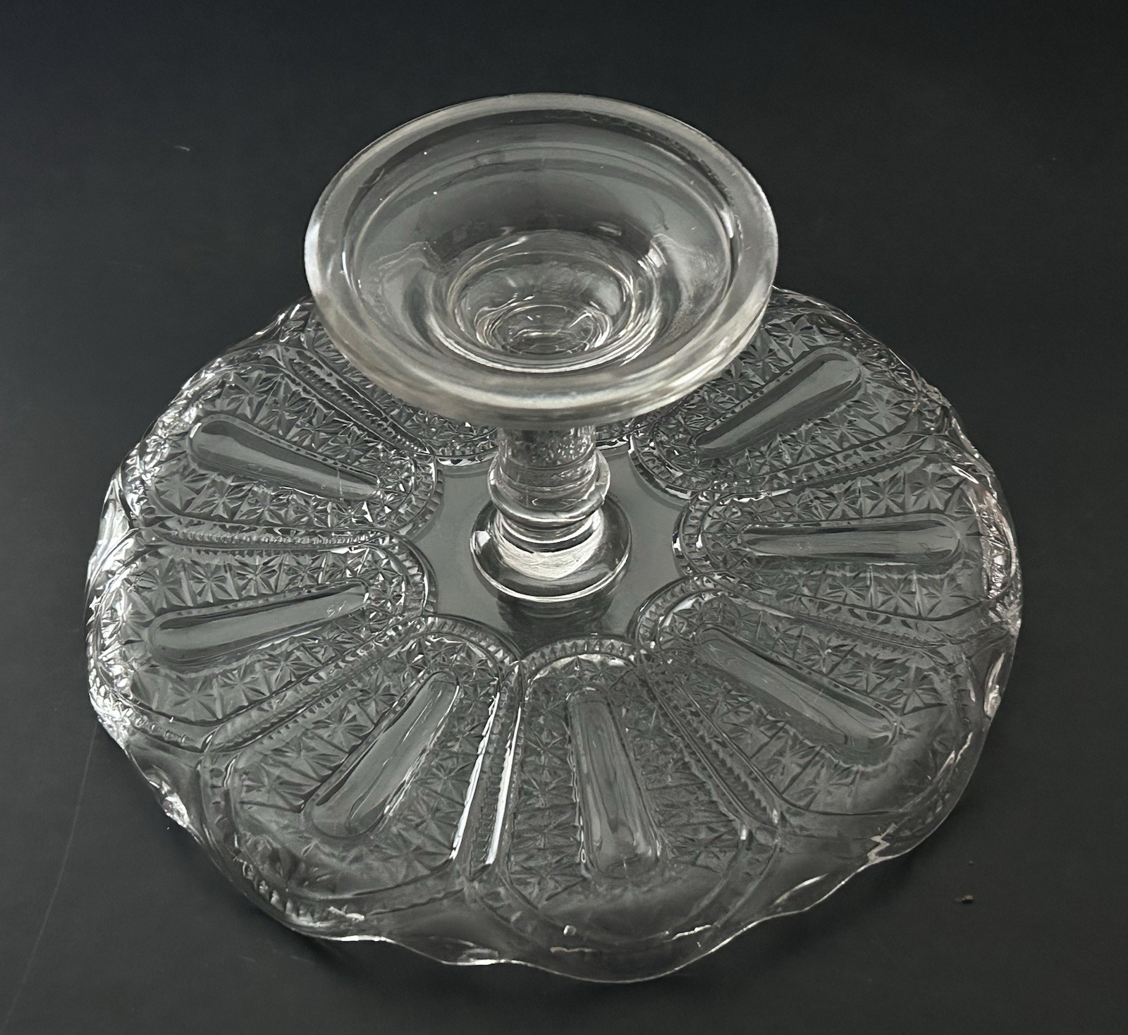EAPG Bryce Walker & Co Jasper Late Buckle Pedestal Cake Stand Clear Glass 10”