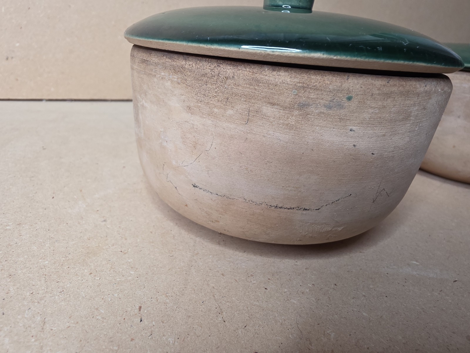 La Solana Pottery Natural Clay Body Green Lid & Body Made 1940/50’s Casserole X2