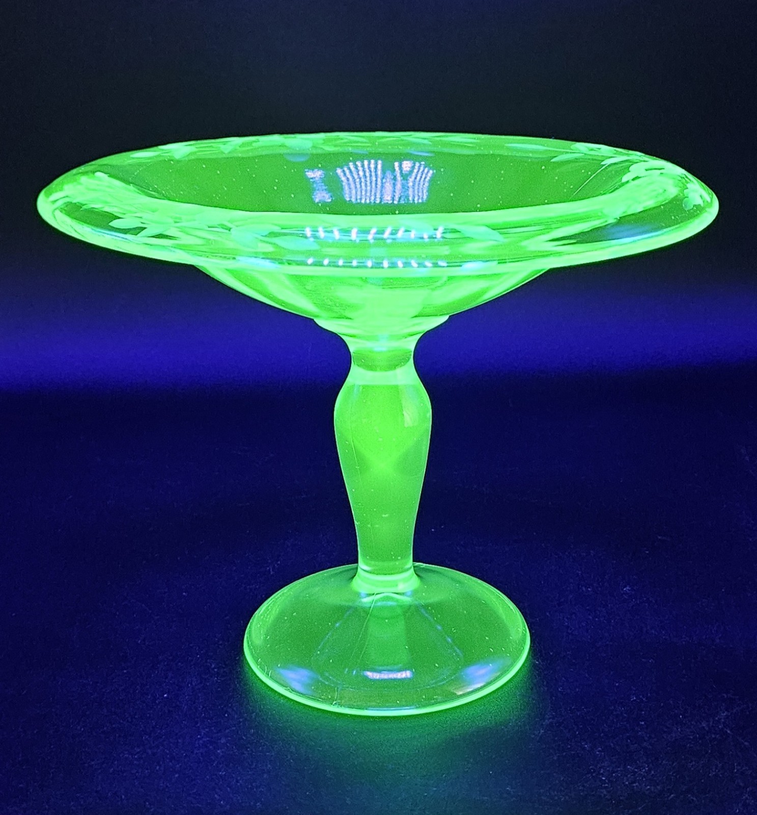 Green Depression Etched Vaseline Uranium Candy Dish Glass Pedestal Compote