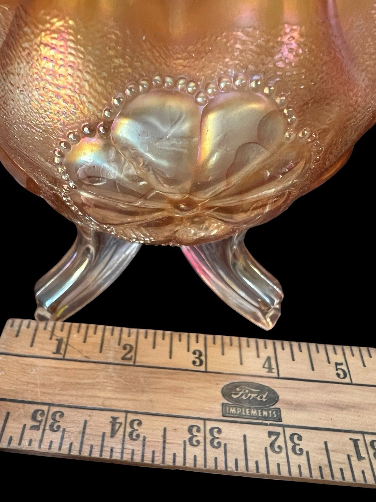 Vintage Northwood Daisy Plume Marigold Orange Carnival Glass Ruffled Rim Bowl