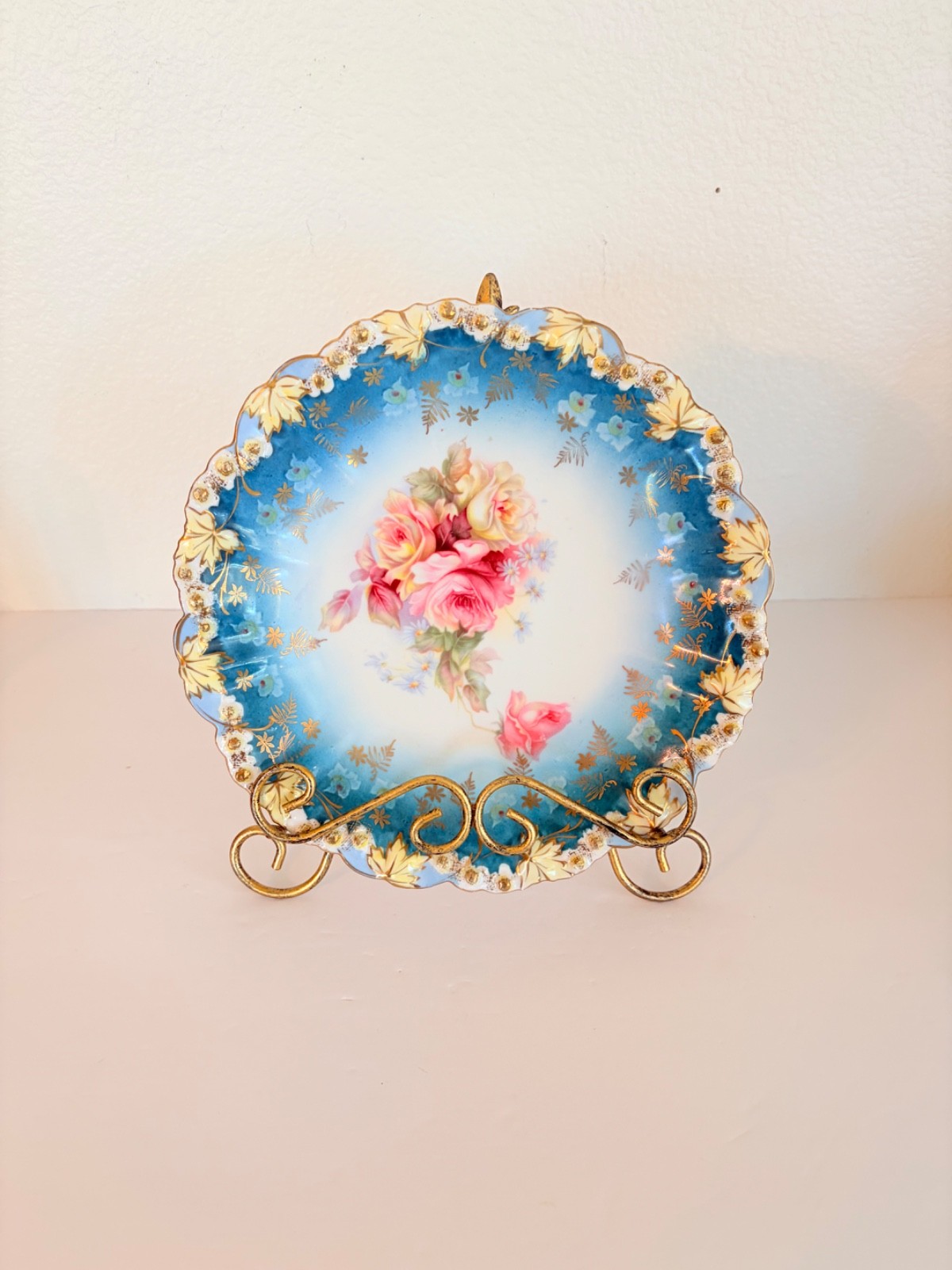 Bohemia Porcelain Hand Painted Rose Cabinet Plate Teal Blue Gold Gilt 9″