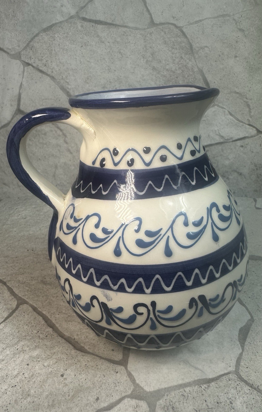 Vintage Blue and White Ceramic Decorative vase with Handle, signed Pedraza Spain