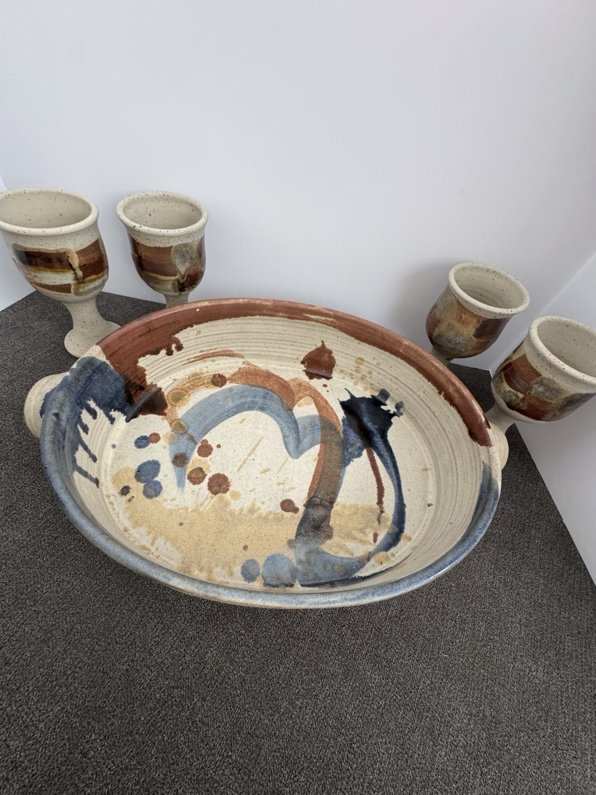Welsch 1984 Ceramic Pottery Serving Bowl w/ Handles + 4 Goblets
