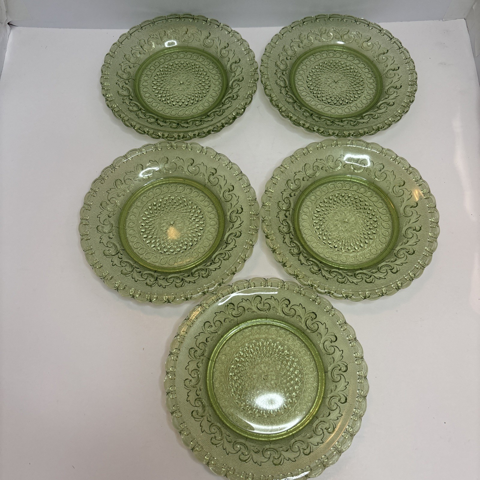 Set of 5 Ivima Portugal Scroll Pattern Green Glass 6.25 in Plates EUC