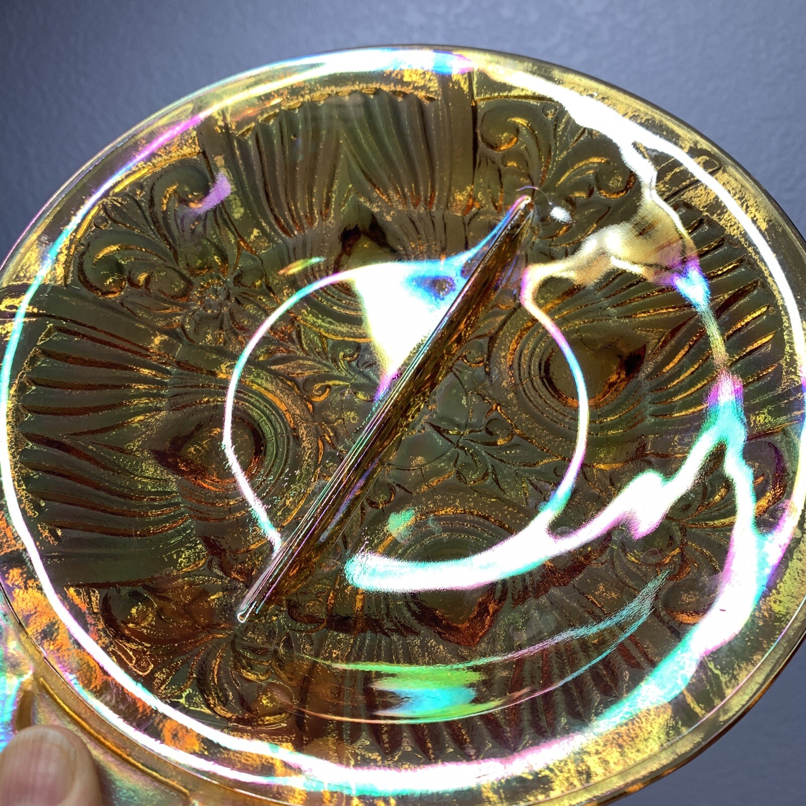 Vintage Indiana Carnival Glass Candy Dish 7.5″ Amber Iridescent Divided