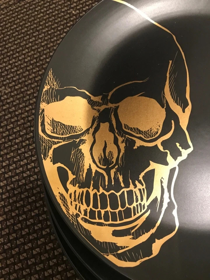 Ciroa Halloween Wicked Skull Gold Black Matte Porcelain Dinner Plates 4 Set