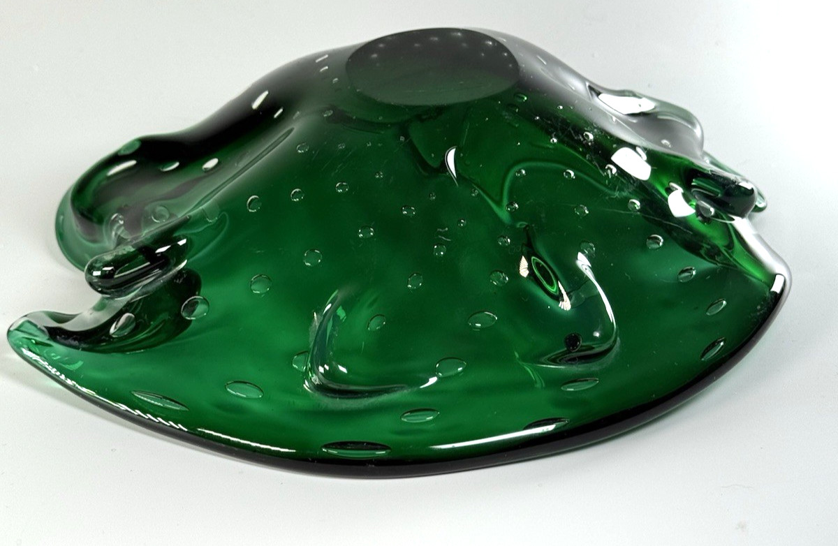Hand Blown Controlled Bubble Dark Green Thick Glass Decor Bowl