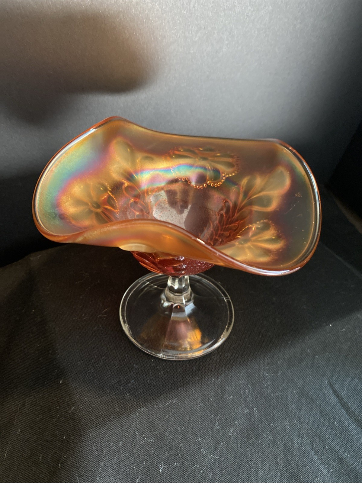 Northwood Compote/Candy Dish Marigold Carnival Glass Daisy & Plume Pattern