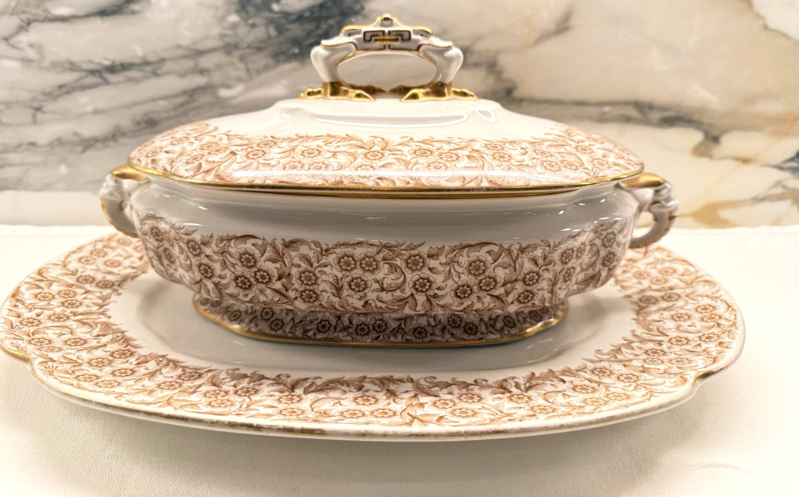 Atq. Royal Worcester Vitreous Brown Daisy Covered Veg & Serving Plate c1890s