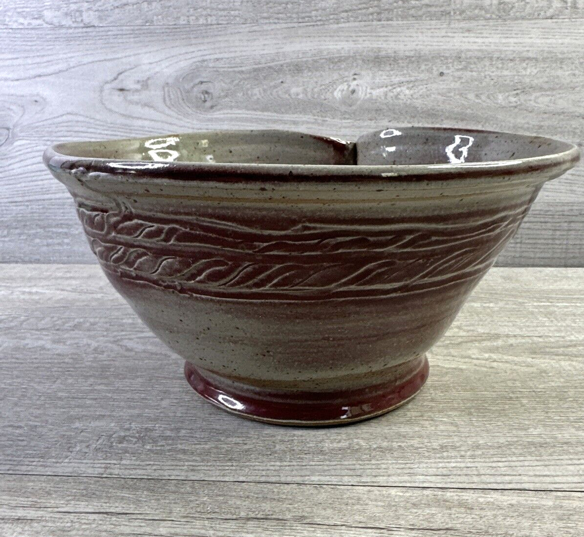 Studio Made Pottery Bowl Pinched Side Red Gray Abstract Design Signed