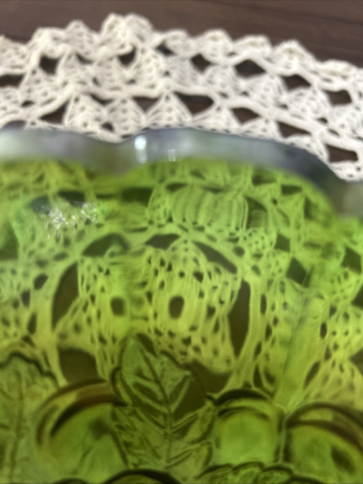 Vintage Indiana Glass Iridescent Green Carnival Glass Footed Oval Fruit Bowl 12”