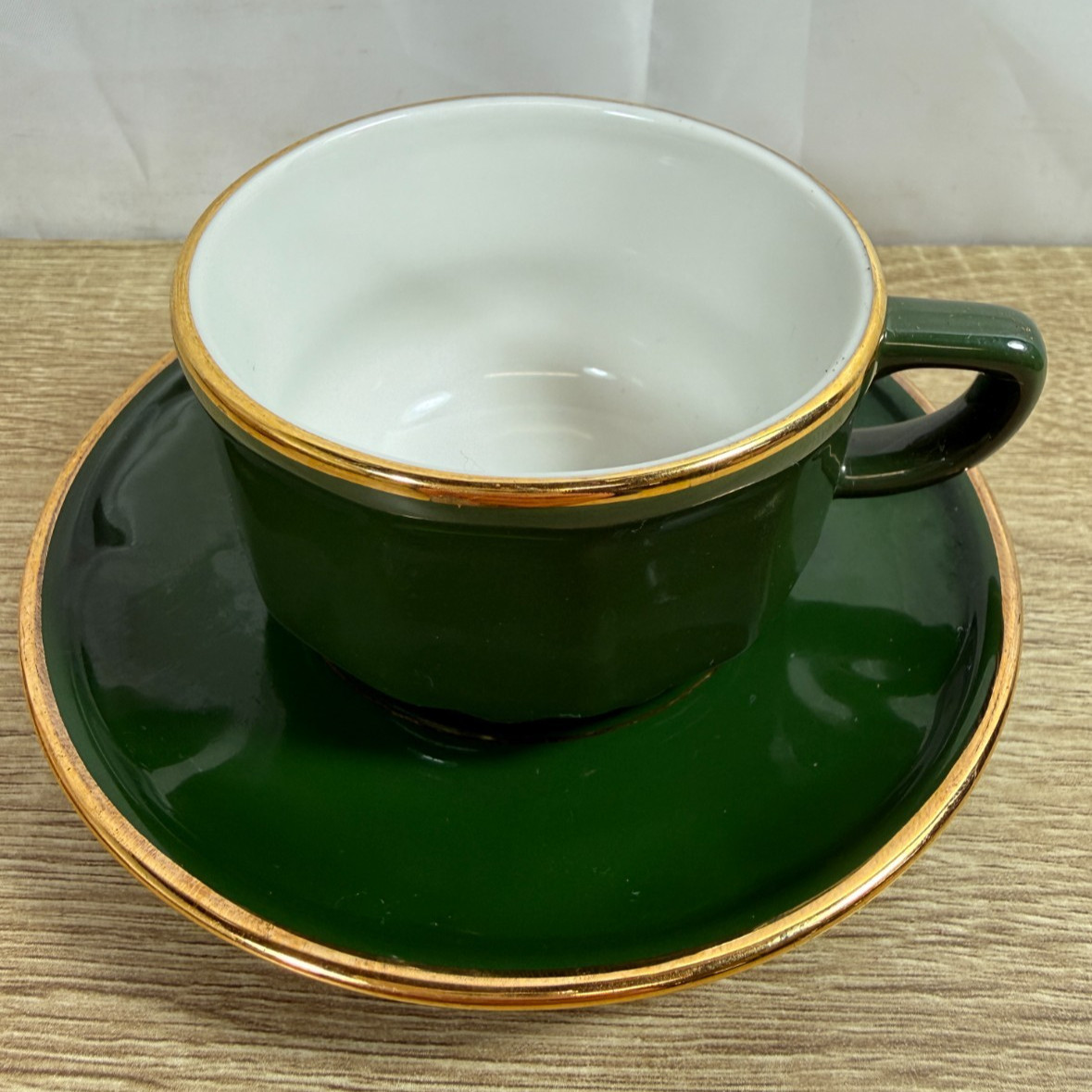 Apilco Yves Deshoulieres French Porcelain Bistro Cup and Saucer Green Gold VGC