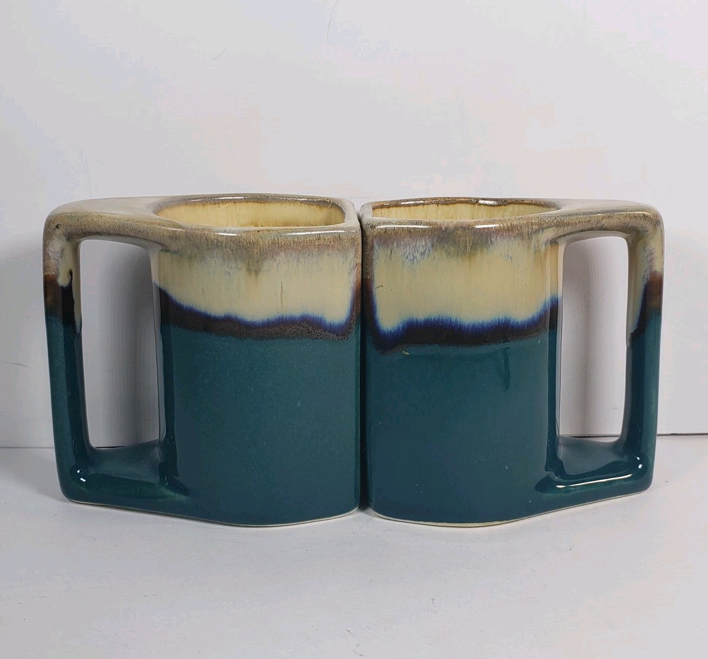 2 Rodolfo Padilla Coffee Mugs Green Blue Beige Drip Glaze Pottery Stoneware READ