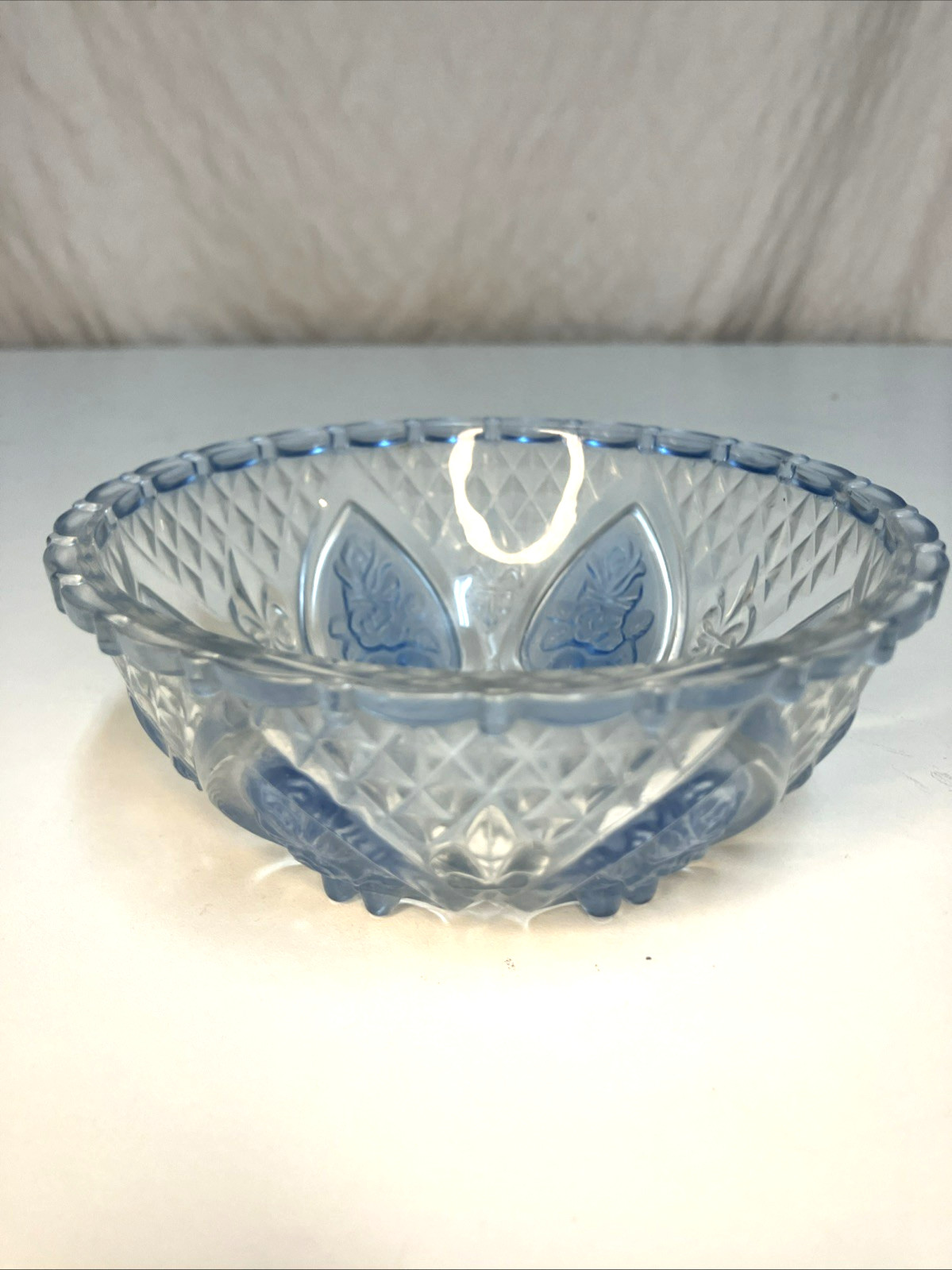 VTG KIG Indonesia Light Blue Pressed Glass Candy Dish Bowl Floral Heart 5”x2”