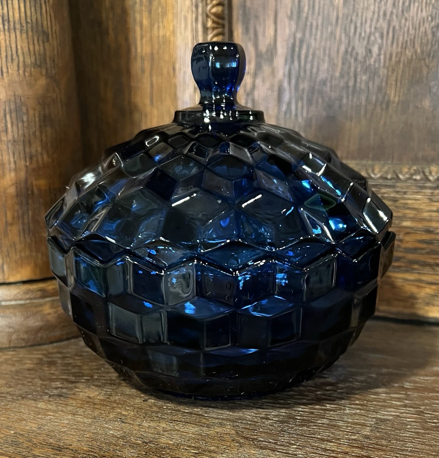 Vintage Indiana Glass Cobalt Blue Candy Dish With Lid Diamond Pattern