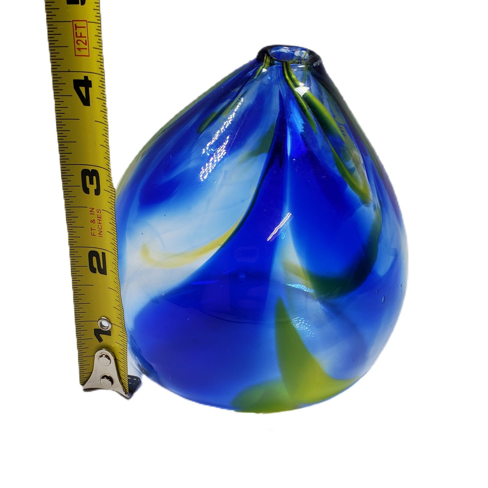 Hand Blown Stretch Art Glass Yellow Cobalt Blue Bud Vase Clear Rainbow Swirl