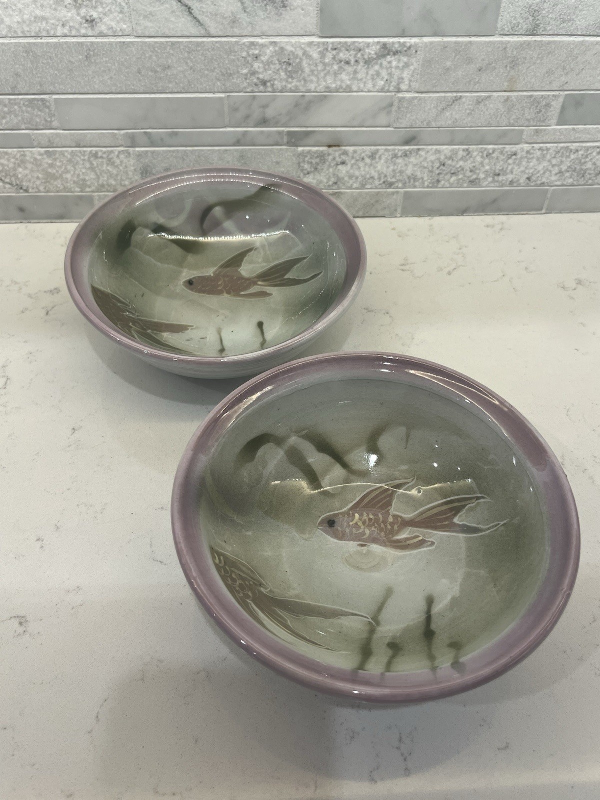 Beta Fish – Handmade Set Of 2 Bowls – 60 Years Old No Cracks – Very Cute *SIGNED