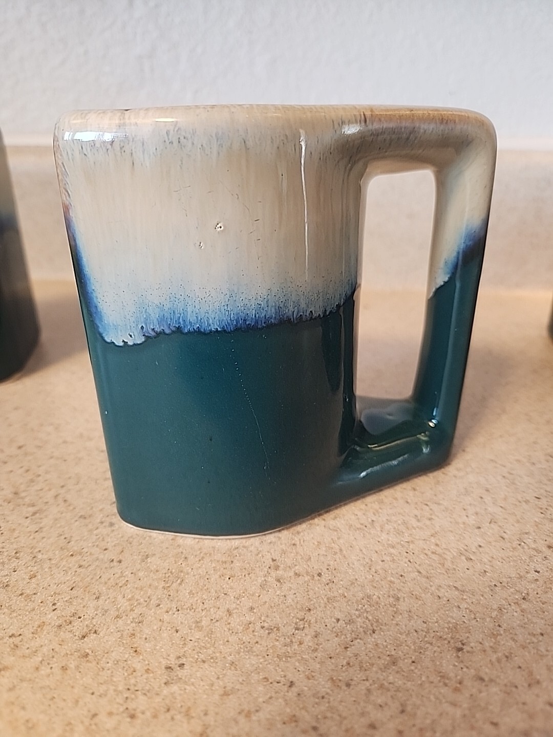 VTG Padilla Signed Stoneware Mugs Blue/Tan Drip Glaze Set of 4 boho